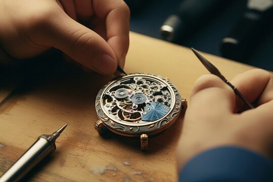 Mechanical watch repair. Watchmaker repairs vintage mechanical watches. Watchmaker's workshop .Vintage watch mechanism under repair close up detail