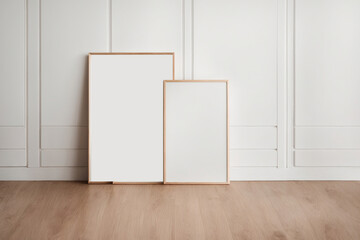 Frame mockup empty room wall poster mockup contemporary A blank frame mockup standing tall on a wooden floor, rendered in a sleek and modern style