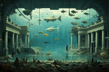 Atlantis ruins illustration screen to the computer game. Bright background image to create original video or web, graphic design, screen savers - obrazy, fototapety, plakaty