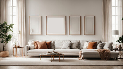 A stunning living room interior with a white wall adorned with vertical blank frames, Living room wall poster mockup contemporary Scandinavian style interior background design Modern interior design