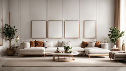 Frame mockup Living room wall poster mockup contemporary Scandinavian style interior background design A stunning living room interior with a white wall adorned with vertical blank frames,