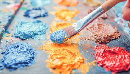 Obraz premium Paint brush, wrapped and color paint, abstract composition, Hobbies and leisure concept, generative ai