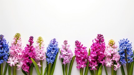 Purple hyacinth flowers in full bloom, with vibrant petals and a delightful fragrance. The flowers are set against a green background.