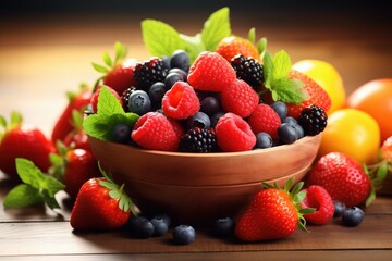 strawberries, raspberries, blackberries and blueberries in a bowl
