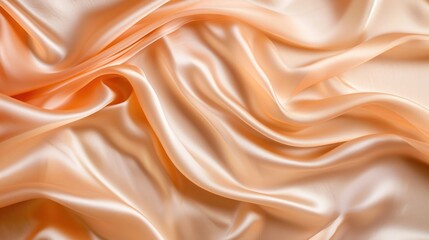 A close-up image of a luxurious peach-colored satin fabric with smooth, flowing waves and soft folds, capturing the light and shadows which create a dynamic texture.