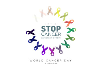 Stop cancer growth concept. World Cancer Day, 4 february Fight, tips, trics and rid cancer, awareness and prevension vector poster.