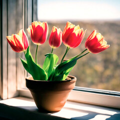 red tulips bloomed in a flower pot on the windowsill, March 8 background