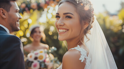 Une femme souriante en robe de marié à son mariage