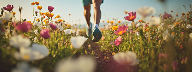 close-up of the legs of a male athlete running across a field of flowers - obrazy, fototapety, plakaty