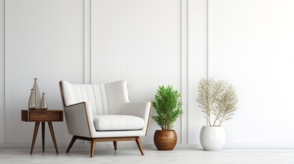 White wall, potted tree, and couch in a modern minimalist interior, Generative AI.