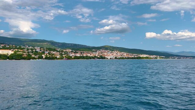 Beautiful coastline of Adriatic sea and city beach of Crikvenica, famous travel destination for tourist's summer holiday vacation from sailing boat