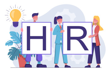 Human resources. HR Agency. People hold letters H and R.