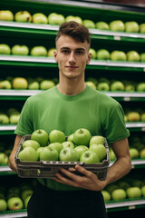 a man holds a box of green apples in his hands in a store