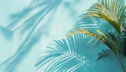 Fototapeta na wymiar Blurred shadow of palm leaves on light blue wall. Minimal abstract background for product, Minimal abstract light blue background for product presentation, Shadow of tropical leaves.