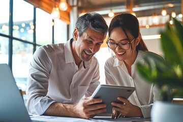 Two happy professional business people team Asian woman and Latin man workers working using digital tablet tech having conversation discussing financial marketing strategy at office, Generative AI