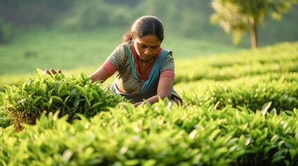 woman labor collecting tea leaf at agriculture field - obrazy, fototapety, plakaty
