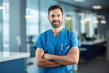 Fototapeta na wymiar Male doctor, medical worker wearing uniform in a hospital