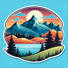 Illustration, sticker, mountains, river and trees