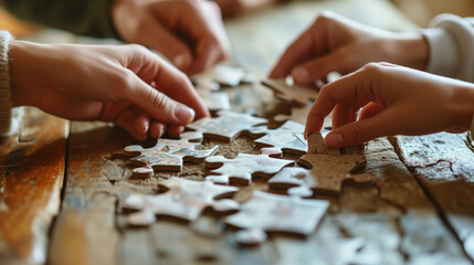 4 people hands joining puzzle pieces in the office having a quality time - obrazy, fototapety, plakaty
