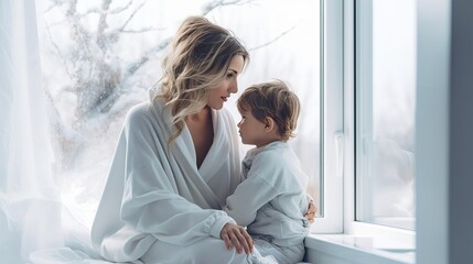 Young Blonde Mum with baby son four years old in white bathrobes sitting at the big window of the...