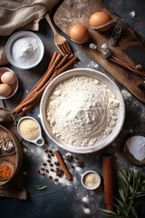 Fototapeta na wymiar Baking ingredients flour, eggs, rolling pin, butter and kitchen textiles