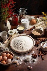Fototapeta na wymiar Baking ingredients flour, eggs, rolling pin, butter and kitchen textiles