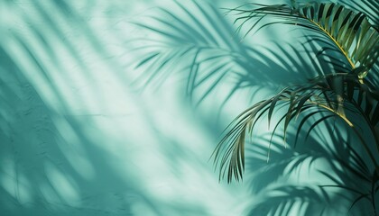 Blurred shadow of palm leaves on light blue wall. Minimal abstract background for product, Minimal abstract light blue background for product presentation, Shadow of tropical leaves.