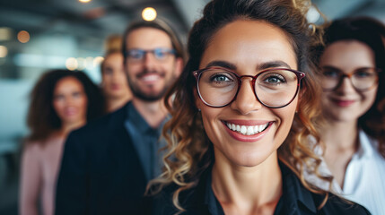 Obraz premium beautiful young leader woman leading a business team and being happy