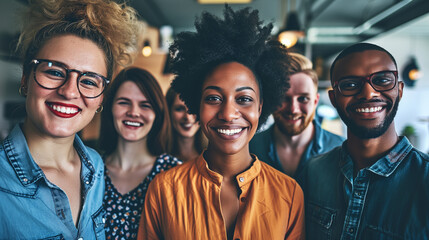 multiracial group of business people looking forward, being happy and smiling in a meeting