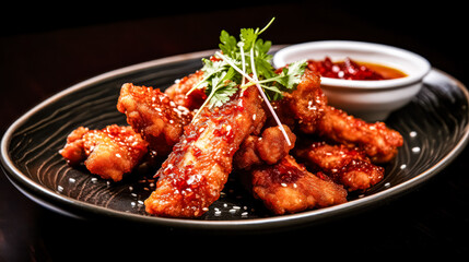Fototapeta premium Savor the taste of Thai cuisine with succulent chicken bathed in a sweet and savory sauce, creating a flavorful and appetizing culinary experience.