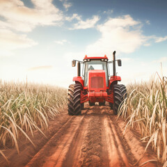 tractor at sugarcane agriculture field - obrazy, fototapety, plakaty