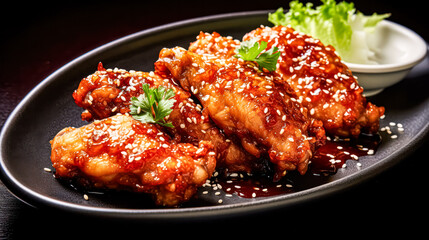 Fototapeta premium Savor the taste of Thai cuisine with succulent chicken bathed in a sweet and savory sauce, creating a flavorful and appetizing culinary experience.