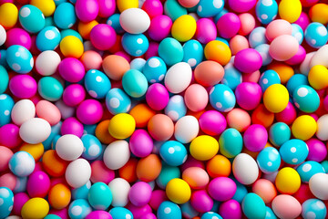 Fototapeta na wymiar Pile of bright and colorful pastel Easter Eggs top view festival background.