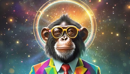 cool chimp in colorful retro suit and sunglasses, black background shining in the universe with galaxy and stars, enlightenment 