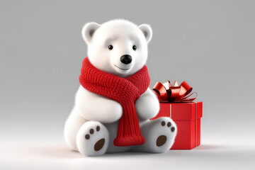 Cute toy white polar bear cub in red scarf with gift box on light background.Generative AI