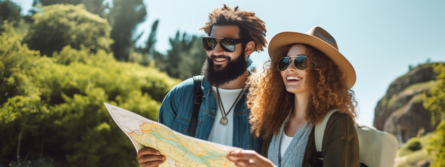 Fun, friends, travel and tourism concept. a beautiful couple is looking for a way on a map - obrazy, fototapety, plakaty