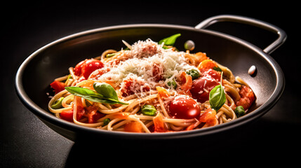 Indulge in a gastronomic delight a plate of exquisite pasta adorned with delectable seafood, set against a rich and enticing dark background.