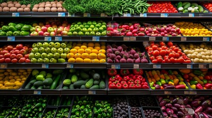 Fruits and fresh vegetables in the refrigerated shelf of a supermarket. Crisp and Vibrant Produce Selection in a Refrigerated Section