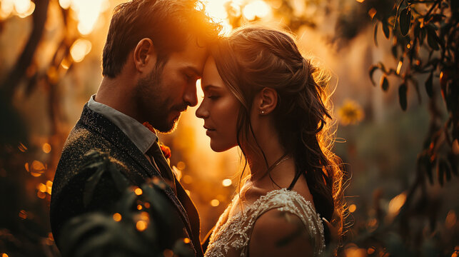 beautiful couple at their wedding touching foreheads and connecting