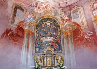 Zelfklevend Fotobehang BANSKA STIAVNICA, SLOVAKIA - FEBRUARY 20, 2015: The fresco and altar in the lower church of baroque calvary by Anton Schmidt from years 1745 in the Chapel of the Last supper. © Renáta Sedmáková