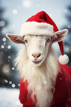 goats in santa claus hat. year of the goat concept