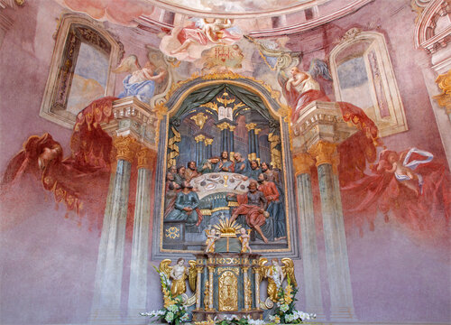 BANSKA STIAVNICA, SLOVAKIA - FEBRUARY 20, 2015: The fresco and altar in the lower church of baroque calvary by Anton Schmidt from years 1745 in the Chapel of the Last supper.