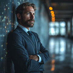 Fototapeta premium sexy bearded businessman leaning on a wall while crossing arms