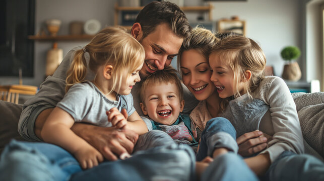 portrait of happy family of five sitting together on a couch in the livingroom