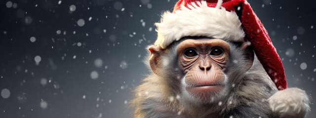 a monkey in a Santa Claus hat. year of the monkey concept - obrazy, fototapety, plakaty