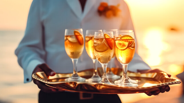 Elegance in every pour. Waiter holding a plate with sparkling wine, welcoming guests. Champagne glasses ready for a toast at a luxurious event or party.