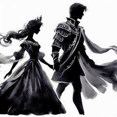 Silhouette of a prince and princess holding hands in a fairy tale. - obrazy, fototapety, plakaty