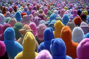 Colorful Commotion: Sea of Multi-Colored Knit Hats in a Festive Crowd