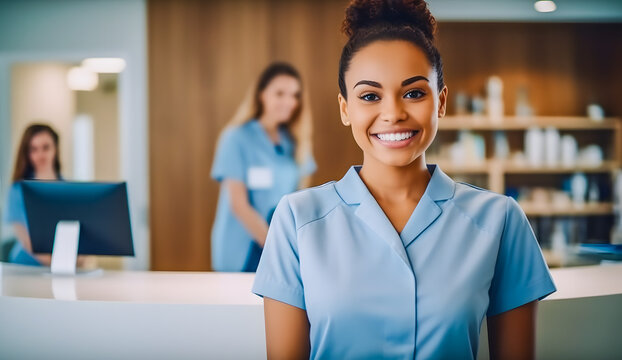 H&ocirc;tesse d'accueil dans un espace de sant&eacute;, clinique, h&ocirc;pital, dentiste, m&eacute;decin, 