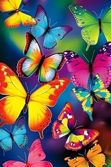 a bunch of colorful butterflies that are on the ground, an airbrush painting, by Lisa Frank, photo realistic wallpaper, this painting is a large canvas, stencil art, vivid colours. sharp focus. wow i